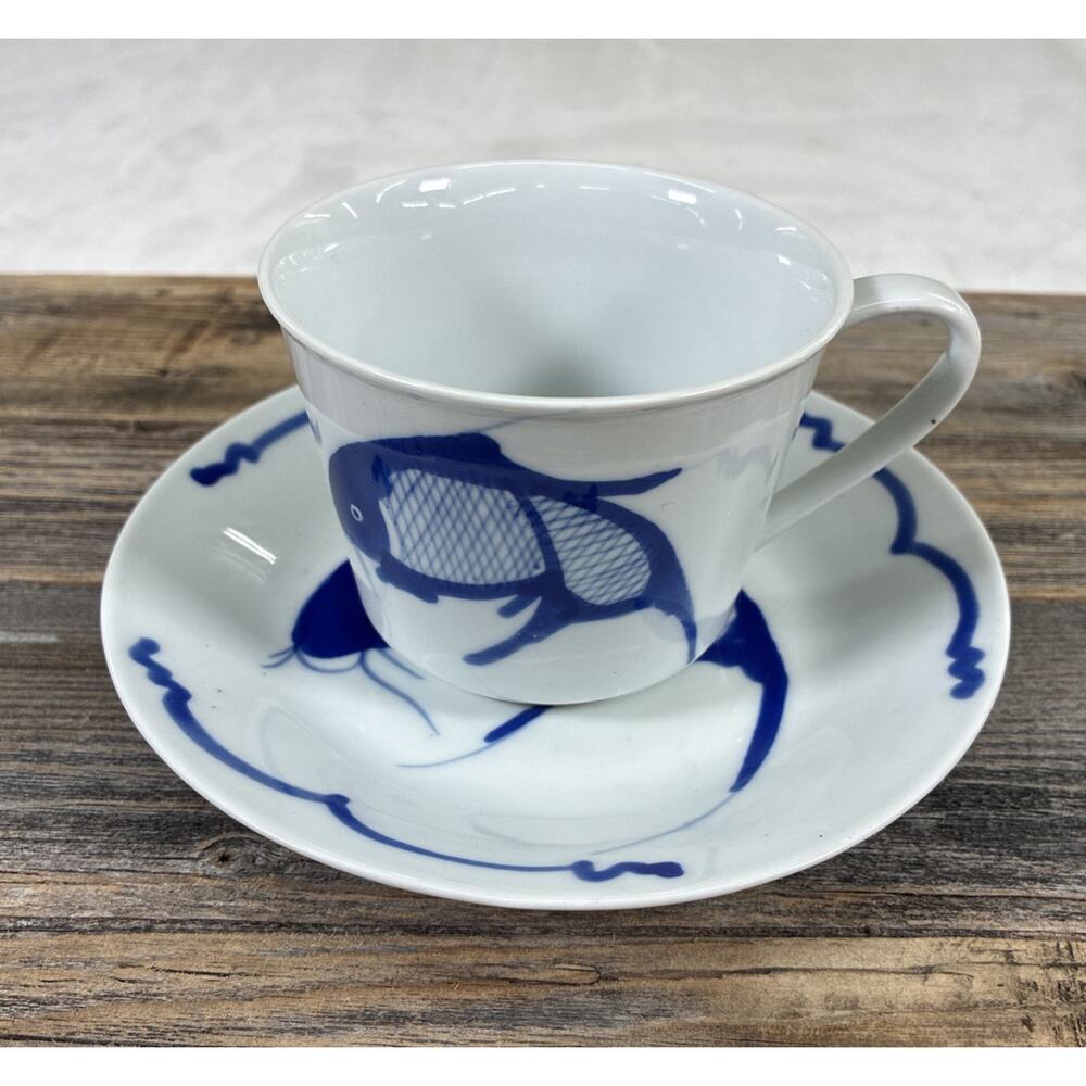Vintage Chinese Blue & White Porcelain Koi Carp Fish Cup & Saucer Replacement - Picture 6 of 15